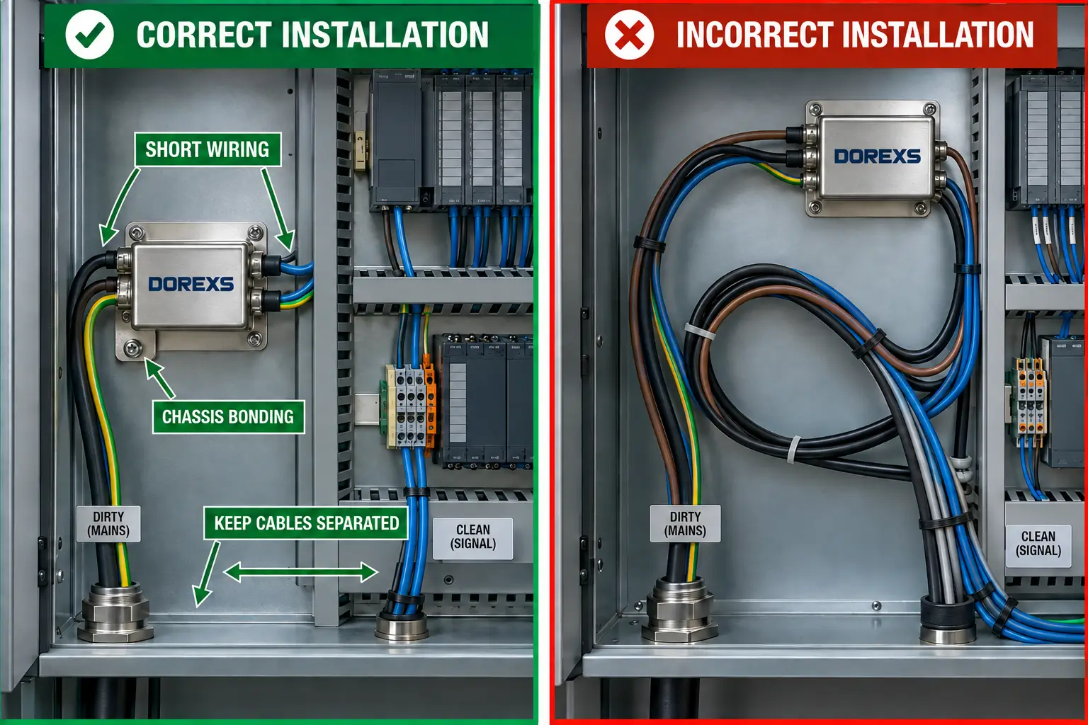 the filter should generally be installed as close as practical to the equipment power entry point